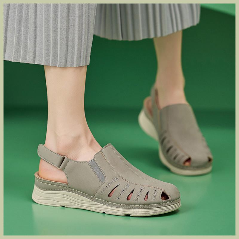 fashion Brand Casual Summer 2024 Retro Wedge Closed Toe Sandals Women Sewing Thread Buckle Hook Loop Shoes Mid Heel Non Slip Soft