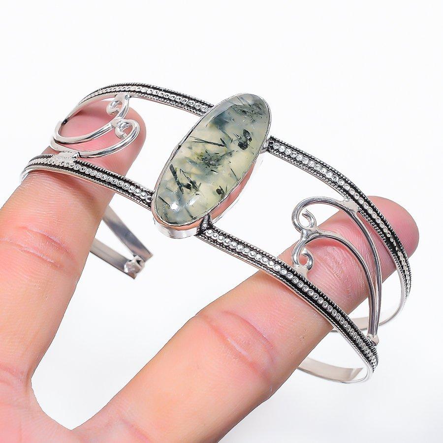 Natural Prehnite Gemstone 925 Sterling Silver Cuff Bangle Adjustable a5U66