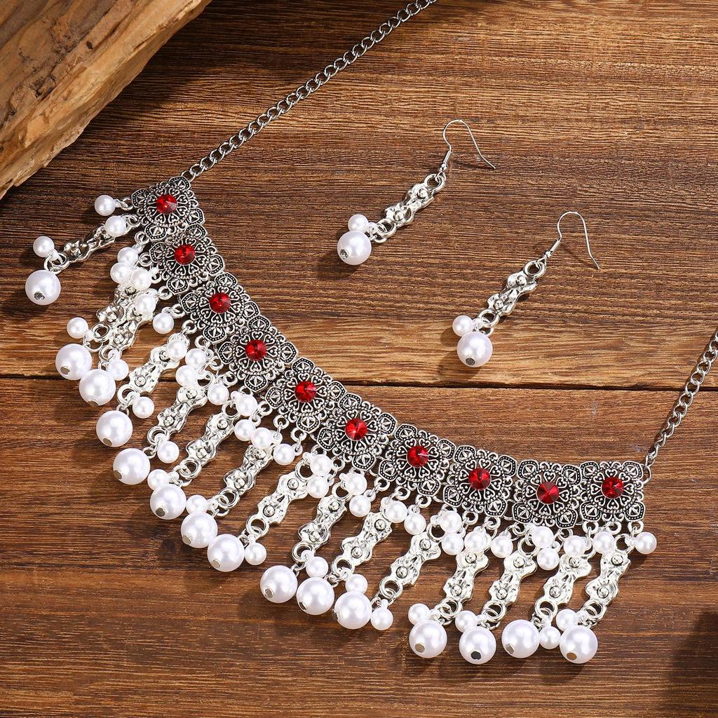 Bohemian Pearl Tassel Necklace & Earring Set in Ethnic Southeast Asian Style