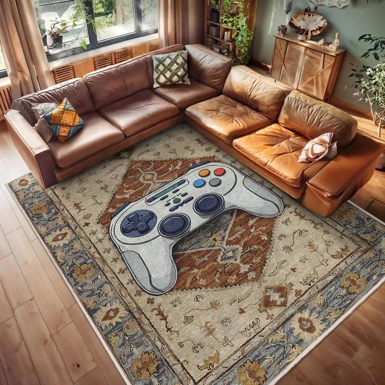 Game Controller Pattern Carpet Mat Rug Home Decoration Living Room Bedroom Retro Video Game Design Non Slip Durable
