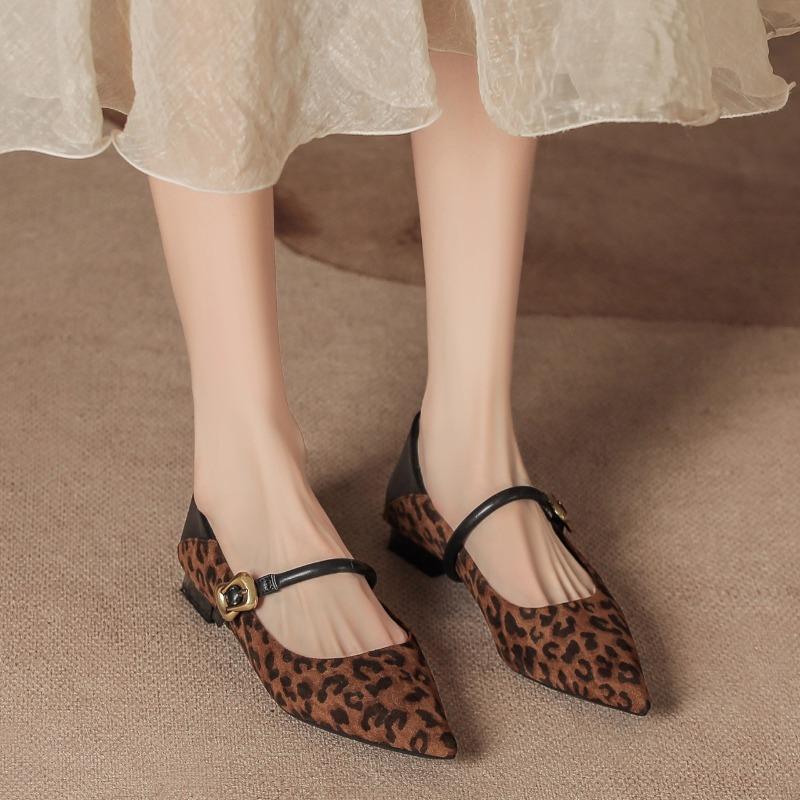 Fashion One-band Block Heel Single Shoes Autumn New Suede Leopard Print Pointed Toe Shallow Mouth Soft Sole Non-slip Kitten Heel Shoes