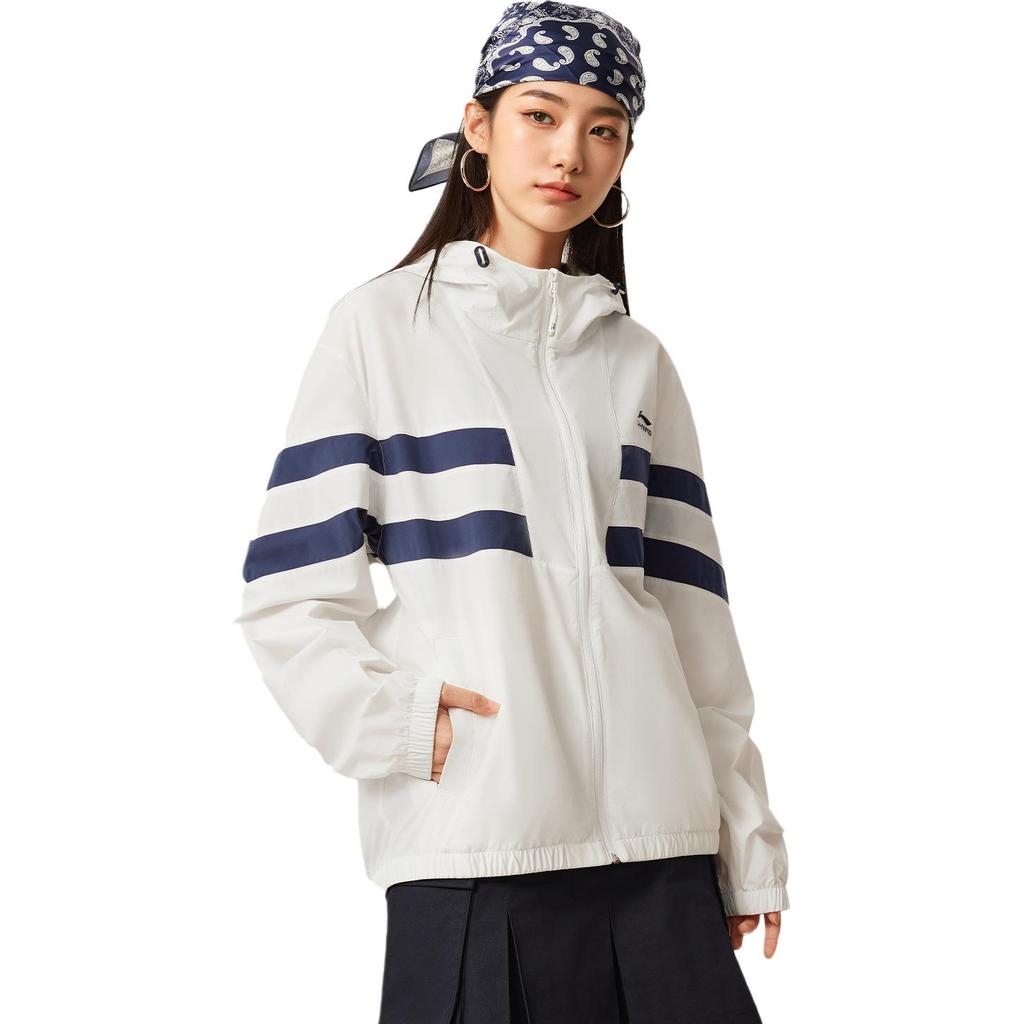 Li Ning Color Block Zipper Hooded Casual Loose Sports Windbreaker Men Outerwear Off-White Deep-Navy AFDV701-4