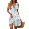 Women's Dress V-neck Sleeveless Casual Floral Print Hem Pleated Dress