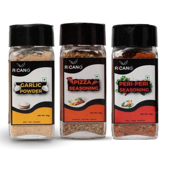 Ricano Garlic Powder 45g, Pizza Mix 45g & Peri Peri 50g Combo (3-Pack) | Spice Set  | Ideal for Grilling, Seasoning, Cooking & Toppings