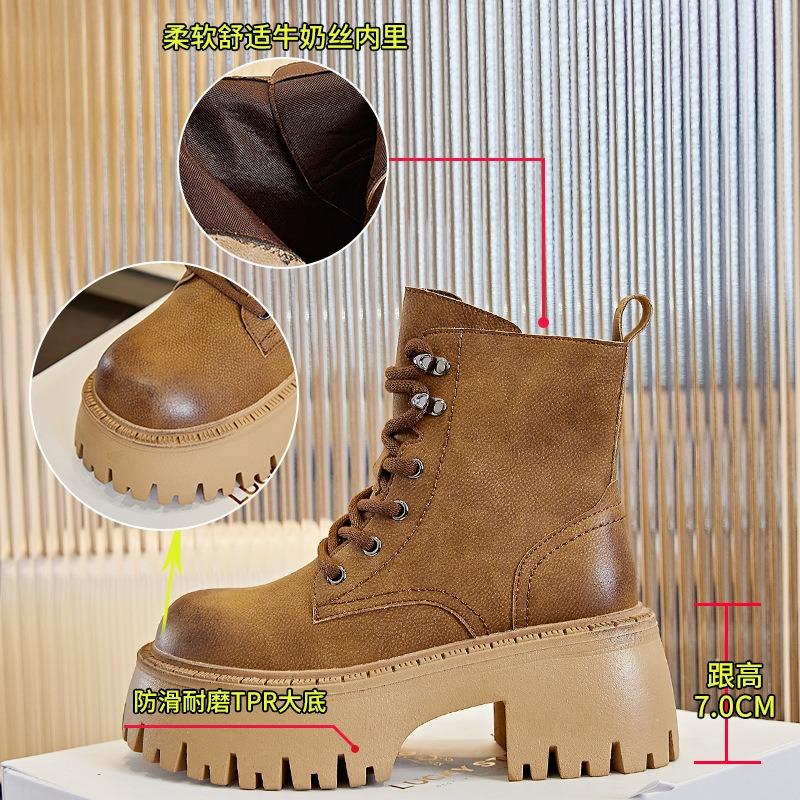 Leather Rhubarb Boots Women's Autumn and Winter New High-heeled Martin Boots Women's Retro Short Boots Women's Versatile Women's Boots