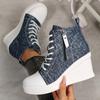 Damenschuhe Klassische Atmungsaktive Canvas Stiefel Modische Keilplattform-Stiefel Seitenreißverschluss Stiefeletten für Damen Schnürung Keil-Sneaker