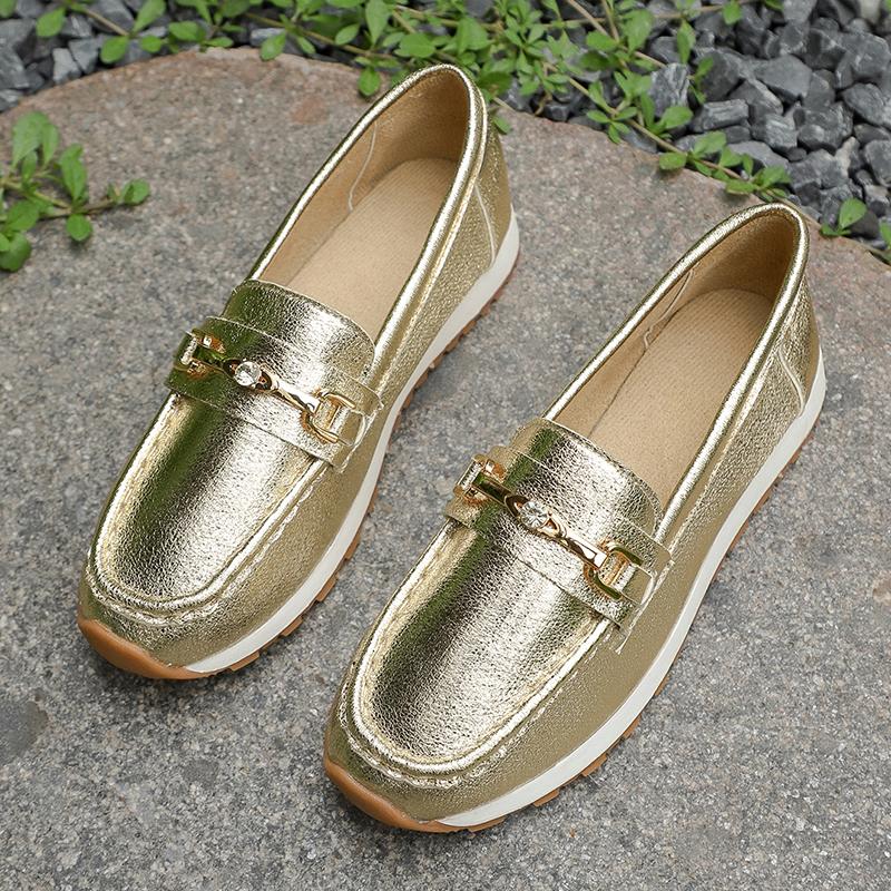 Fashion Gold Silver Metal Chain Flats Shoes Women Spring Autumn Plus Size Platform Loafers Woman Slip On Soft Bottom Casual Shoes Female
