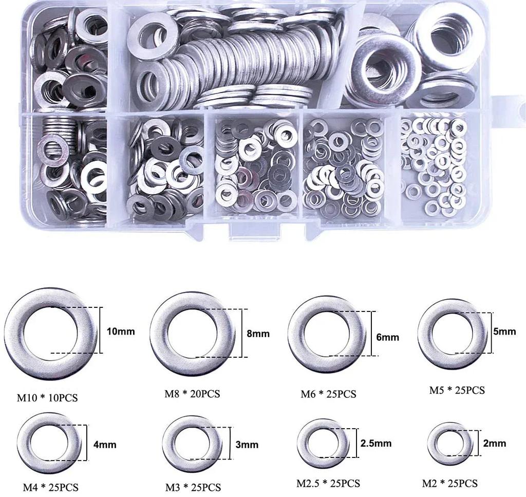 180pcs Aluminum Flat Washer Kit M2-M10 Assorted Size Metric Plain Washers Gasket Rings for DIY Auto Plumbing Machinery Repair