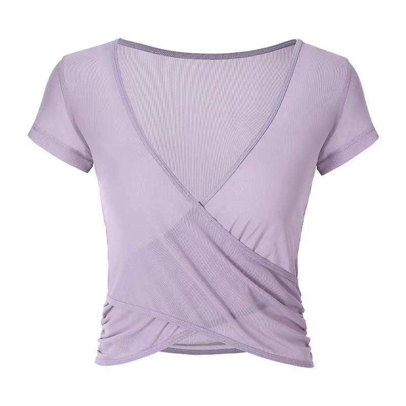 Womens Yoga Top With Built-in Pad Short Sleeve Fitness Crop Pilates Gym Workout