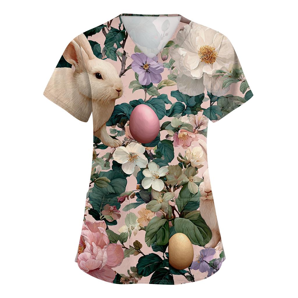 Damenmode V-Ausschnitt Kurzarm Arbeitskleidung Mit Taschen Osterdruck Oberteil Pflegekraft Uniform