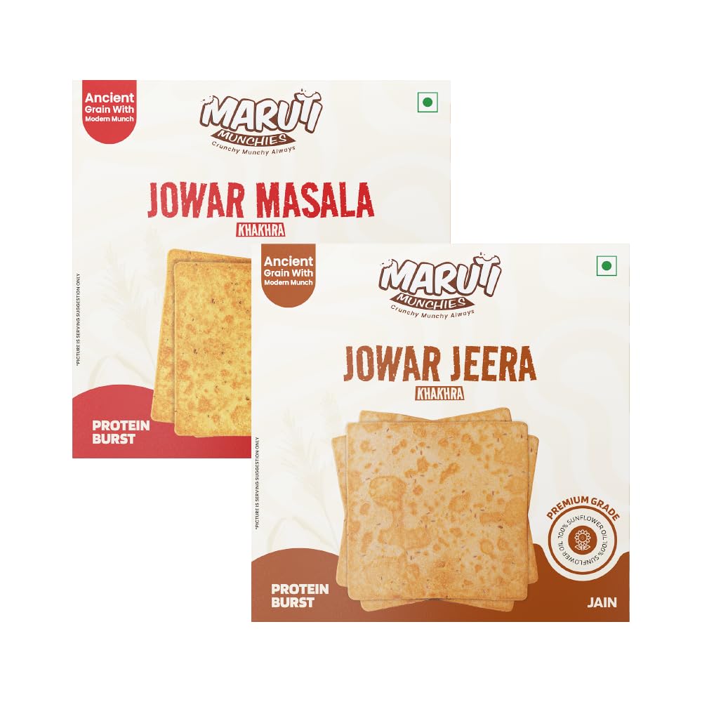 Maruti Munchies Masala Twist Combo Plain | Jowar Masala Khakhra + Jowar Jeera Khakhra 180g Each | Baked Gujarati Snack | Crispy Papad Style Namkeen