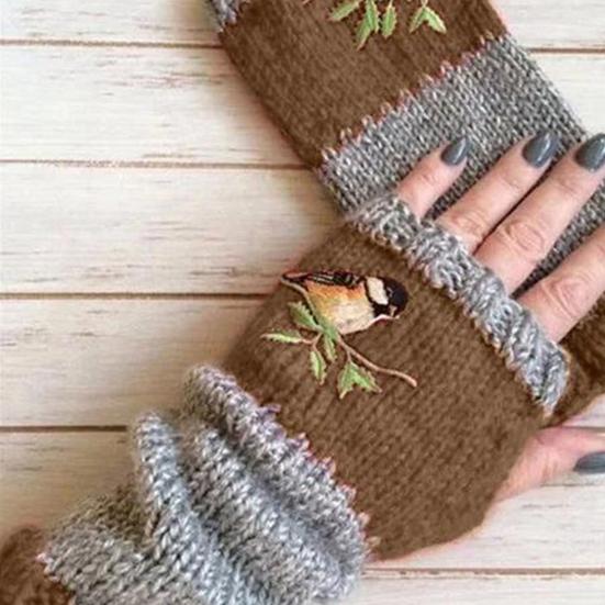 Women Autumn Winter Bird Embroidered Gloves Knit Fingerless Color Block Mitten