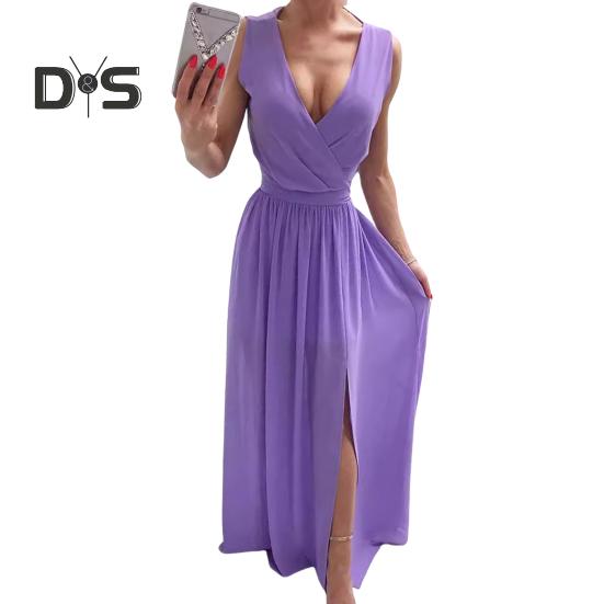 

Женское вечернее платье с V-образным вырезом без рукавов, плиссированное подол с разрезом, тонкая талия, длина до пола, сплошной цвет, свадебное коктейльное платье для выпускного вечера, макси-платье M фиолетовый