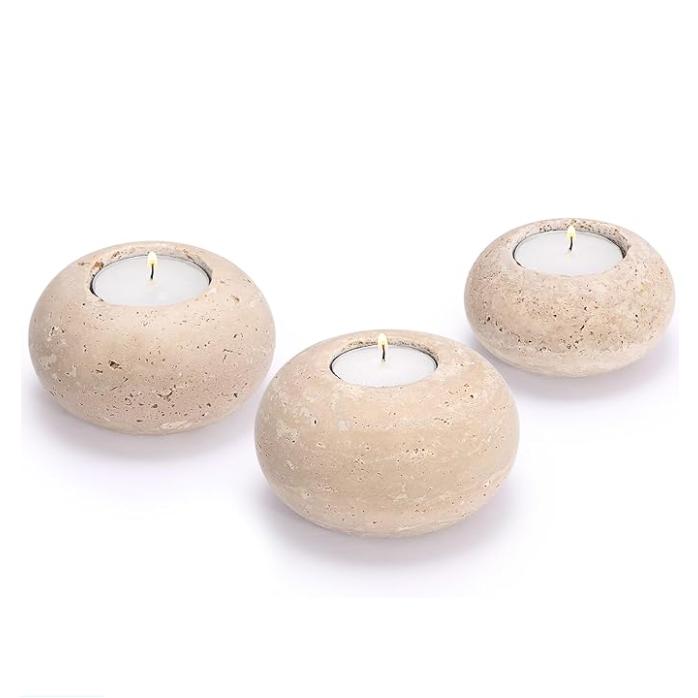 Travertine Tealight Candle Holders Decorative Stone Candle Holders Set Elegant Travertine Votive Candle Stands (Beige,2.9 +3.2 +4 ) бежевый