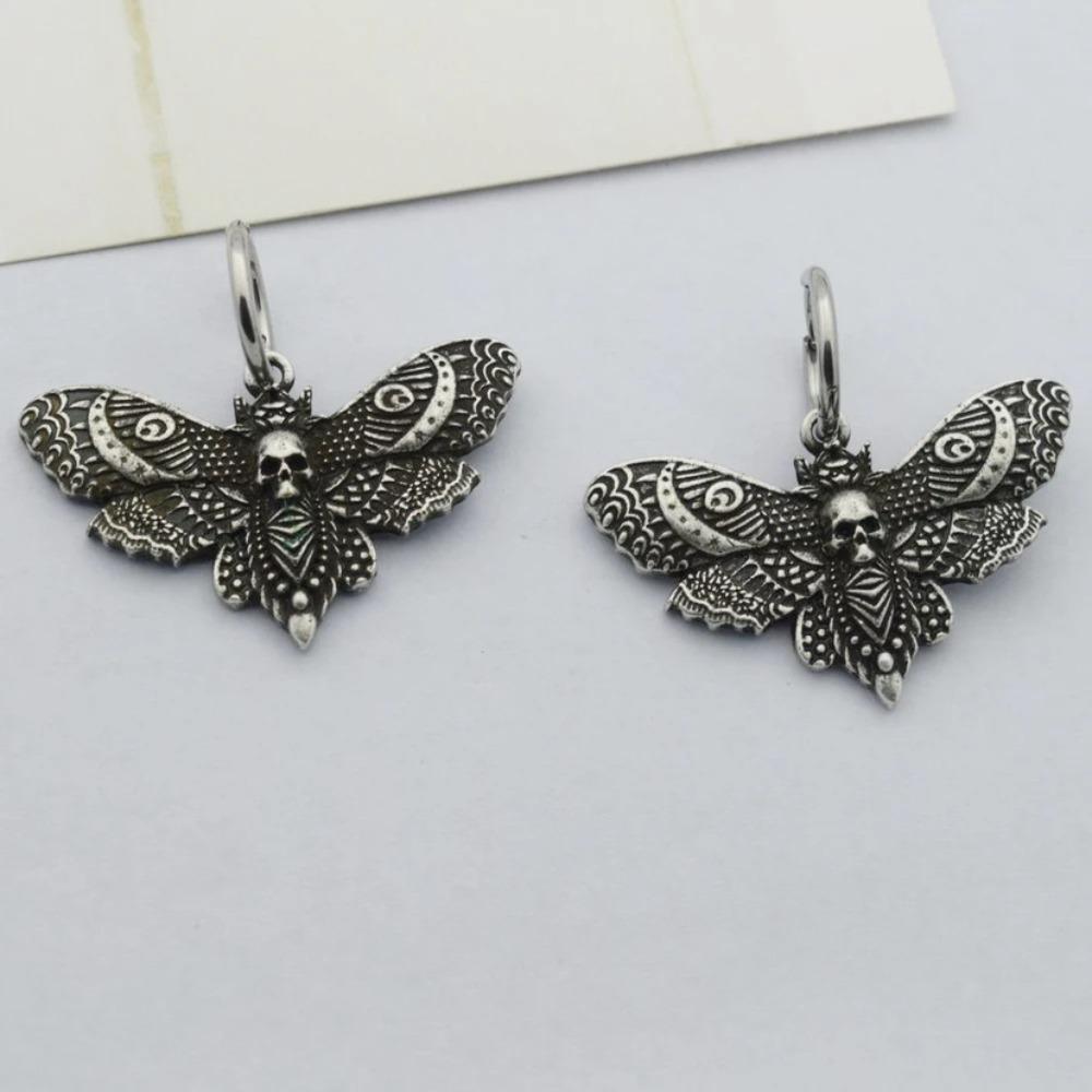 Personality Trendy Punk Ancient Death Moth Skull Dangle Earrings for Women Men Hallowmas Party Gothic Jewelry Accessories Gifts
