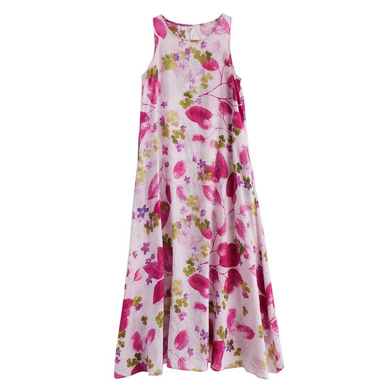Real summer new simple bohemian crew neck print sleeveless dress women's medium and long