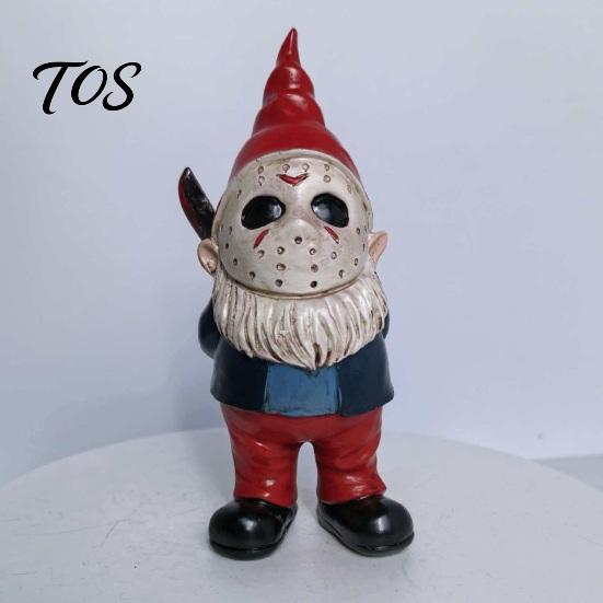Decorative Halloween Party Favors Voorhees Resin Figurine, Cute Horror Hockey Mask Gnome Statue Hand Painted Art Pieces with Knife, Distressed