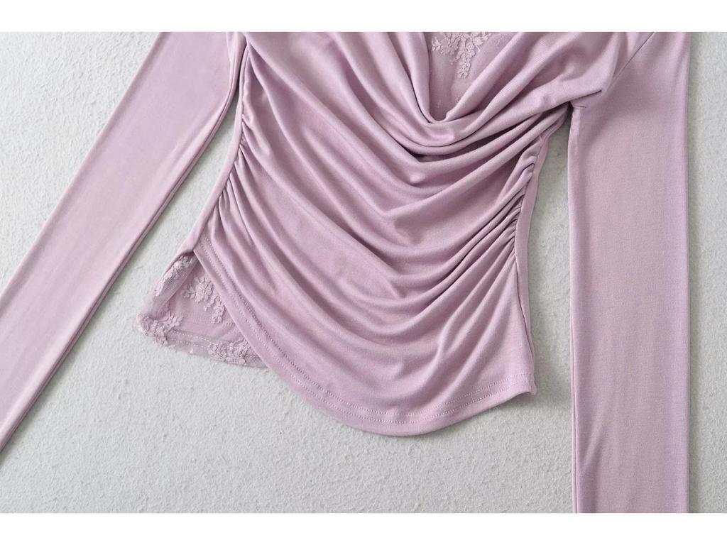 Autumn 2025 Women's Lace Trim Halter Neck Off-Shoulder Slim Long-Sleeve T-Shirt