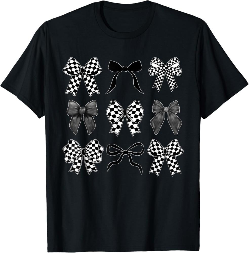 

Кокетливый бант Клетчатый флаг Гоночный автомобиль Гонки Женская милая футболка унисекс футболка 4XL