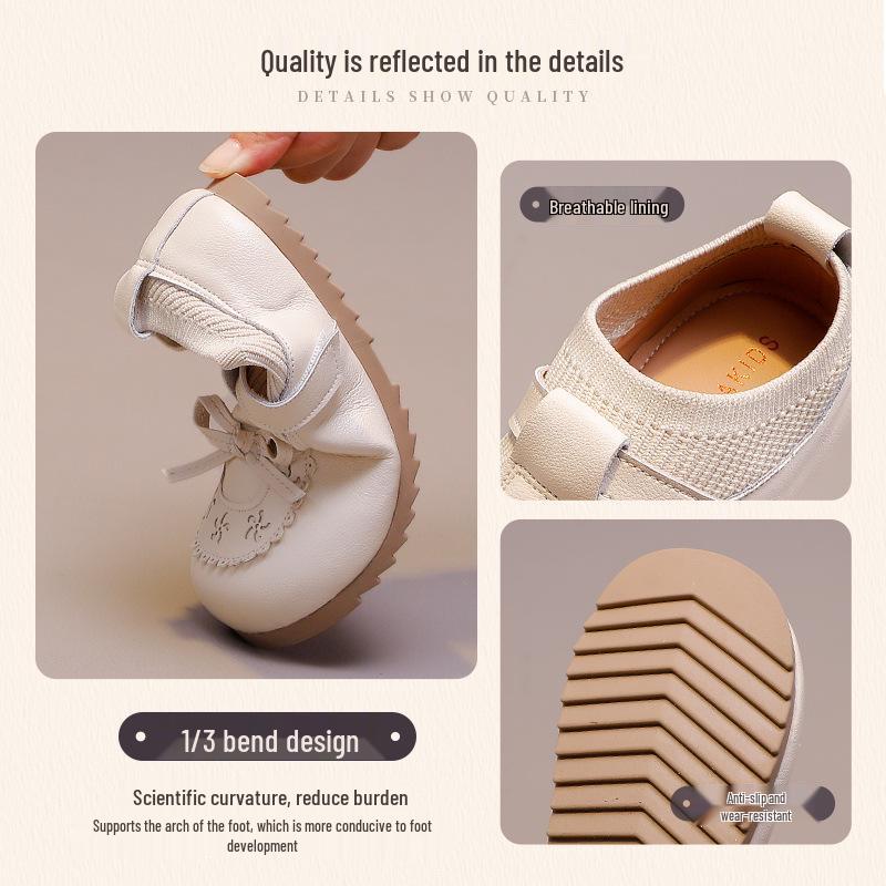 Wuma 2025 Girls' Princess Bow Shoes - New Spring/Fall Soft Sole Leather Flats