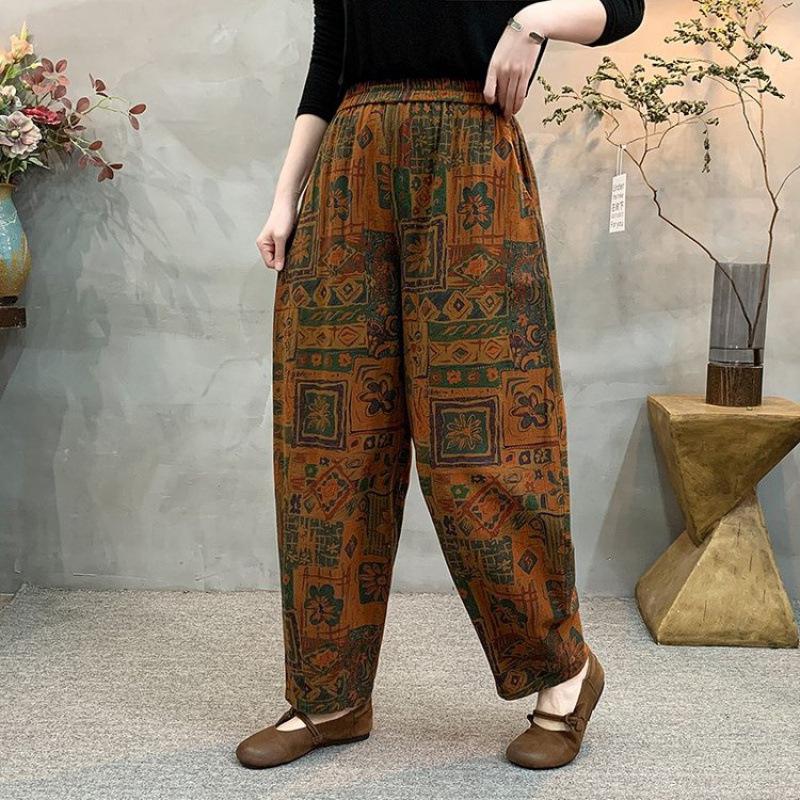 Artistic Retro Printed Elastic Waist Harem Pants for Women - Stylish Spring/Autumn Loose Fit