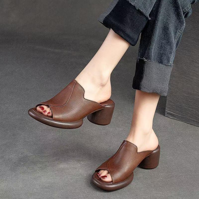 Summer New Fish Mouth Temperament Thick Heel Medium Thick Heel Cylinder and Soft Bottom Cool Slippers Are Light and Fashionable