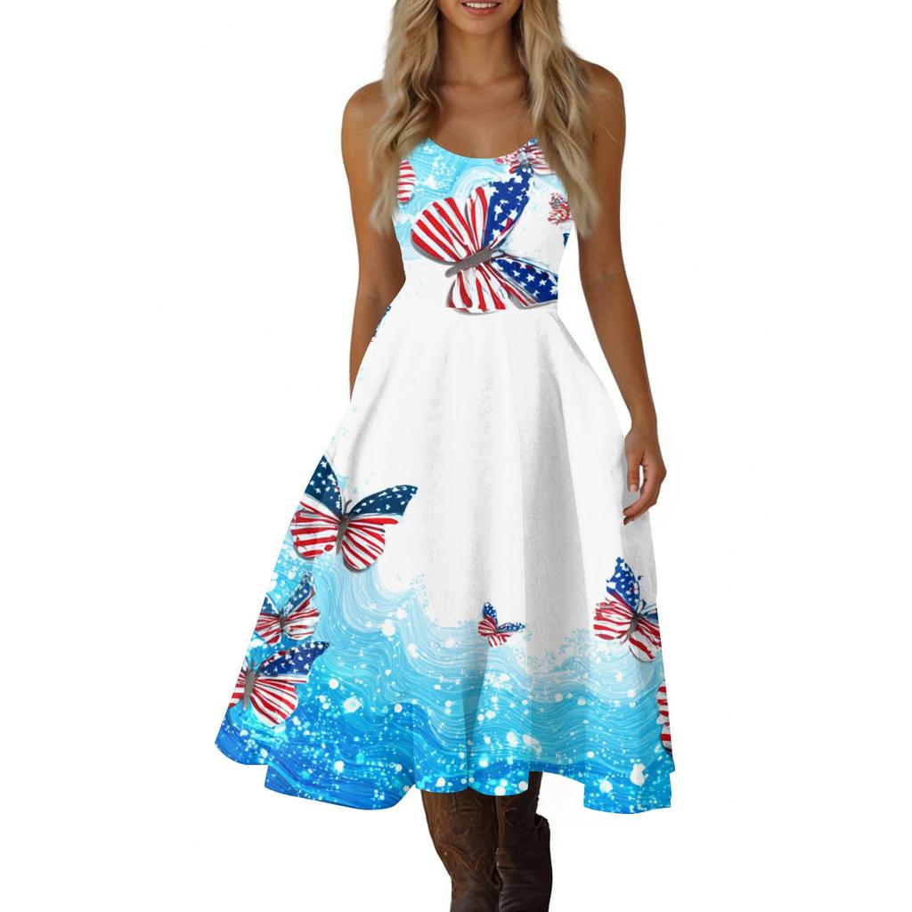Women's Casual Fashion Independence Day Print V-Neck Retro Sleeveless Dress