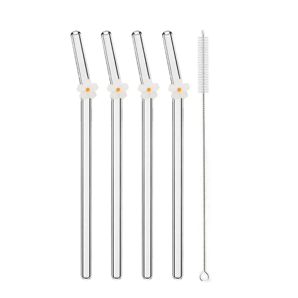 

Flower Glass Straws Reusable Clear Straws for Smoothies Cocktails Drinking Eco Friendly Bar Tools Drinkware Straws with Brushes белый