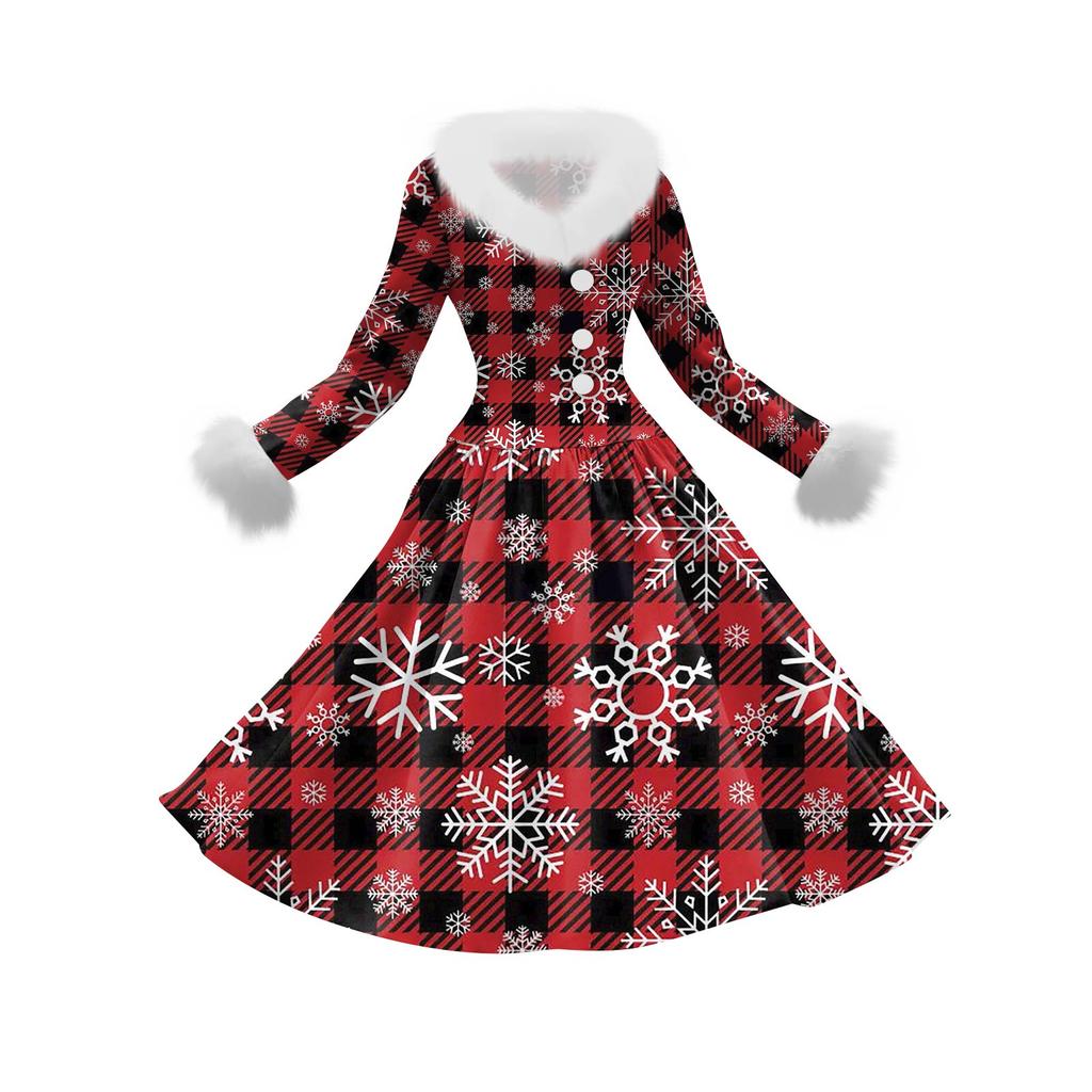 Kvinners avslappet kjole langermet V-hals patchwork fleece juleprint kjole