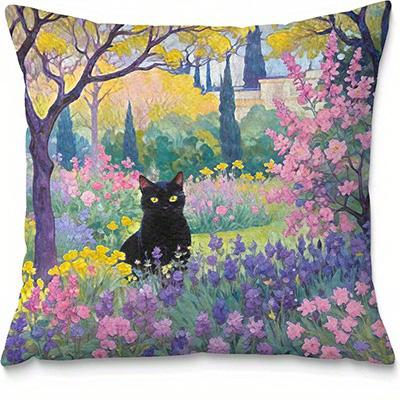 Home Decor Black Cats In Floral and Scenic Scenes Pattern Cushion Cover Suitable for Sofa Bedroom Car Pillow Cover