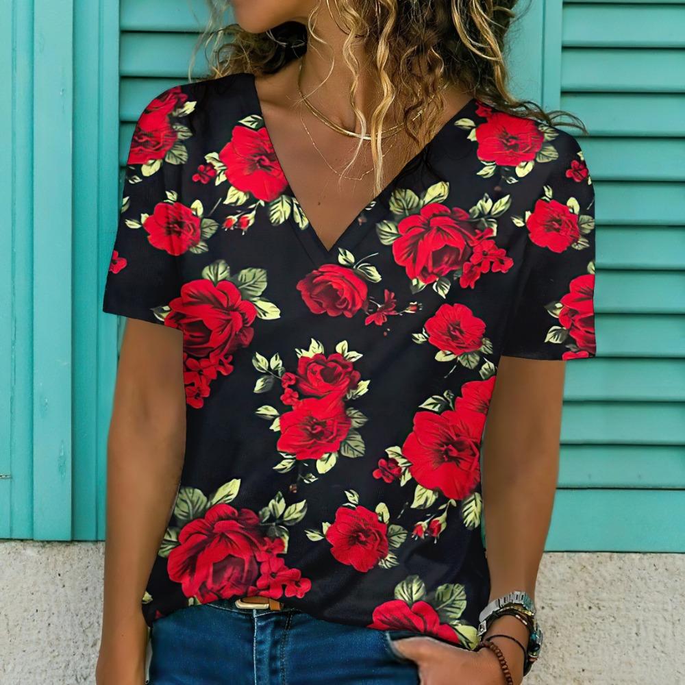 Nowy Damski T-shirt z Nadrukiem Kwiatowym Top Plus Size Odzież Damska Trend Moda Koszulka z Krótkim Rękawem Oversize Bluzka z Dekoltem w Serek
