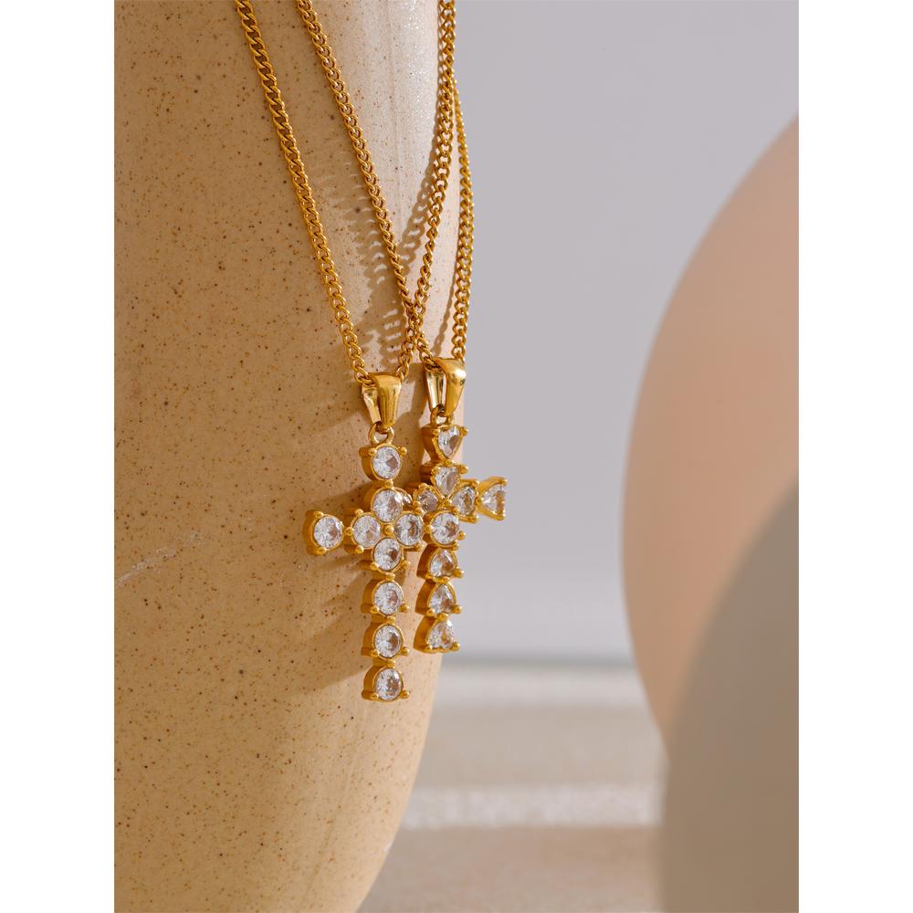 Yhpup Shiny Cubic Zirconia Cross Pendant Necklace 18K Gold Color PVD Plated Fashion Trendy Casting Technology Popular Jewelry