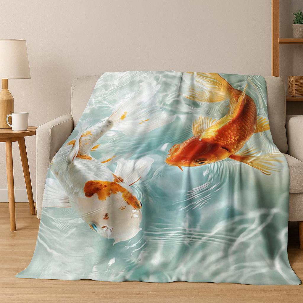 Koi Carp Naturalize Yin Yang Fish Flannel Blanket Soft Warm Blanket for Bedroom Room Living Room Bed Travel Camping Picnic Gift