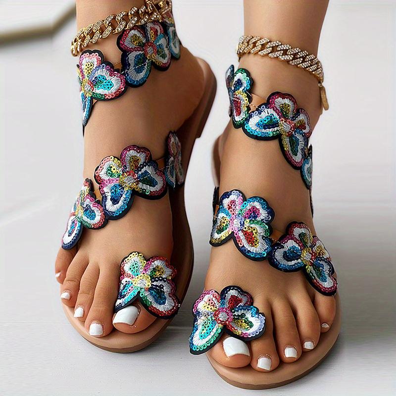 Flower Ladies Sandals Set Toe Rivet Flat Women's Shoes Vacation Plus Size Shoes