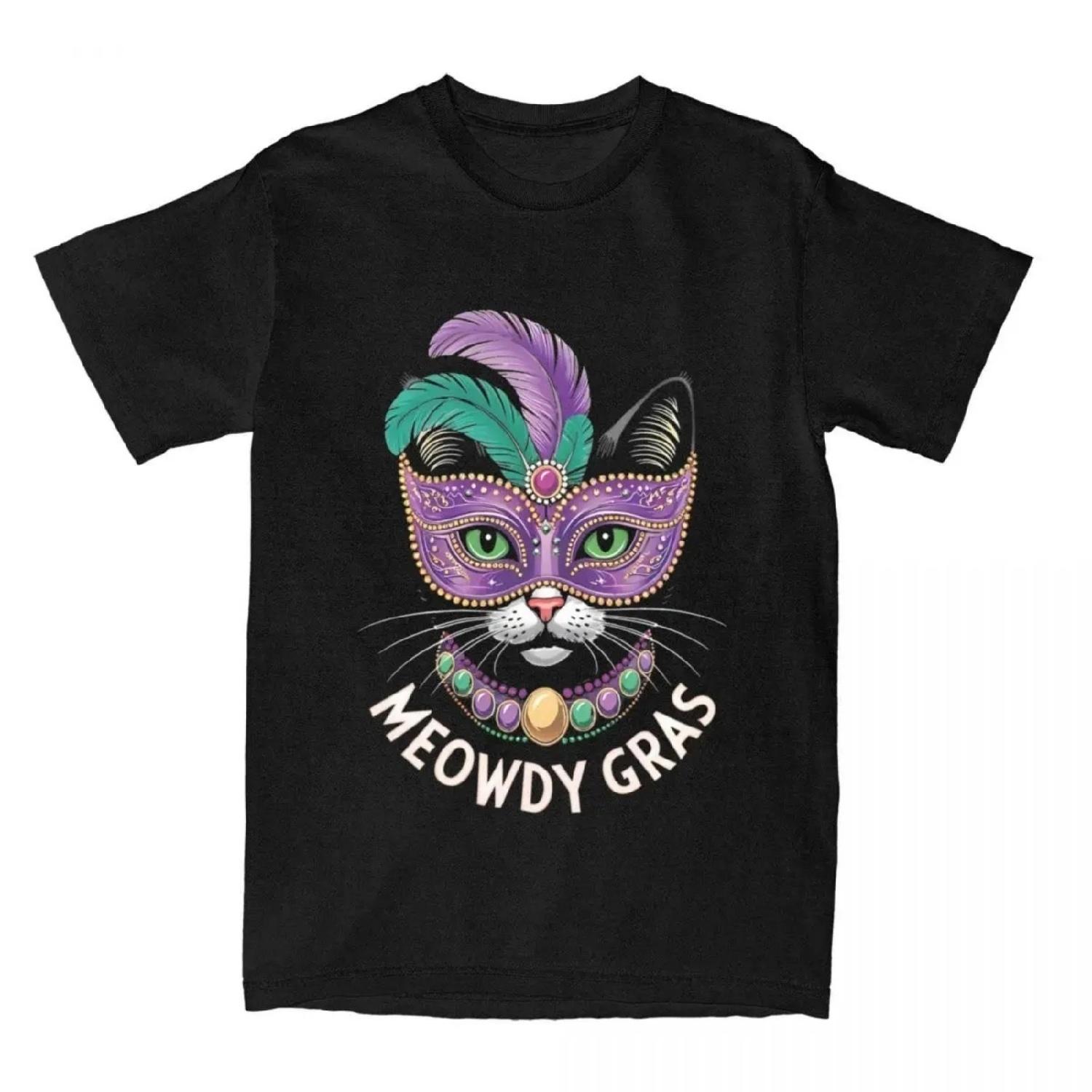 Meowdy Gras Cat Mardi Gras T-Shirt Summer Vintage T-Shirts Pure Cotton Leisure Tee Shirt for Women Men Short Sleeve Print Tops S