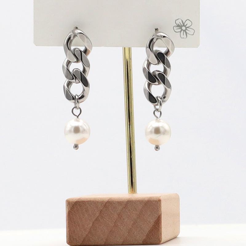 

Fashion Titanium Steel Cuban Chain Pearl Earrings High Sense Light Luxury Medium Antique Jewelry Earrings