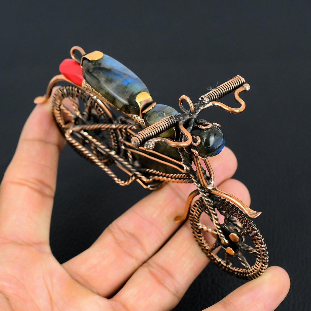 Labradorite & Red Coral Gemstone Copper Wire Wrapped Motorcycle Designer Pendant, Gifts For Wife Brand New Pendant