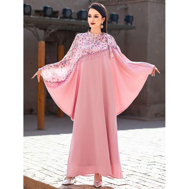 Middle East Dubai Fashion Floral-Print Beaded Robe Batwing Sleeve Dress Printed Bat Sleeve Dress
