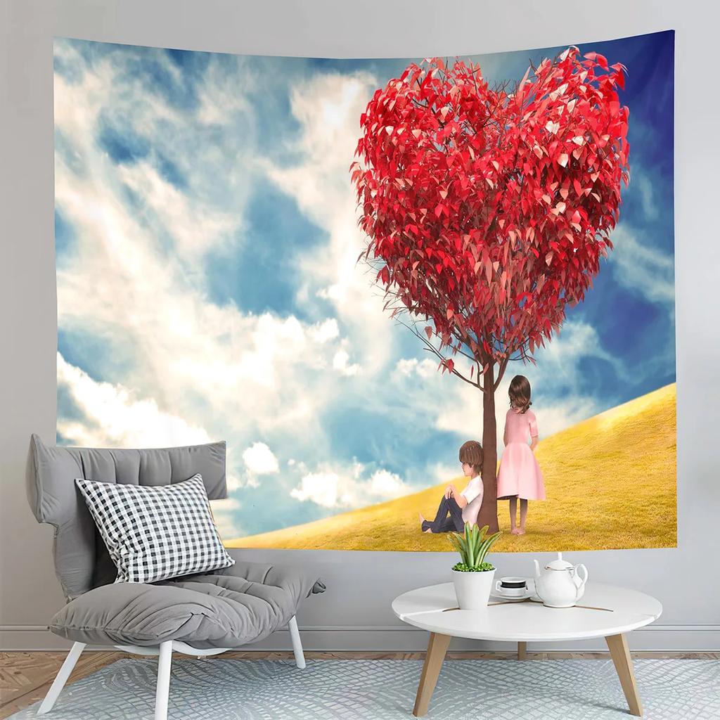 Red Love Heart Rose Flower Tapestry Romantic Sweetheart Tapestry Home Living Room Dorm Bedroom Aesthetics Decoration Tapestries