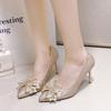 Högklackade damskor höst rosett tunn klack nya strass bröllopsskor spetsig tå låg skärning temperament enkla skor