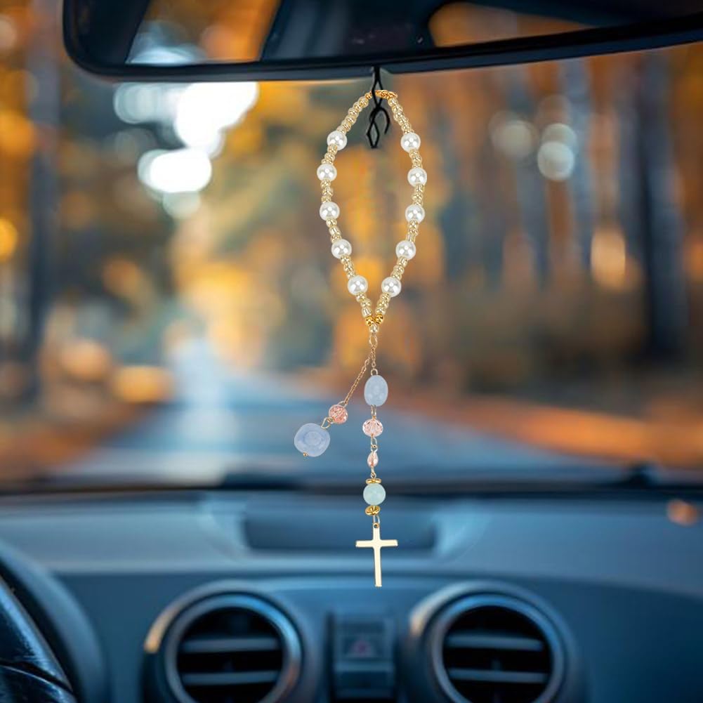 Natural Jade Cross Car Hanging Ornament Rearview Mirror Accessories Glass Beaded Charms With Pearl Car Hanging Accessories Suncatcher for Car Rear