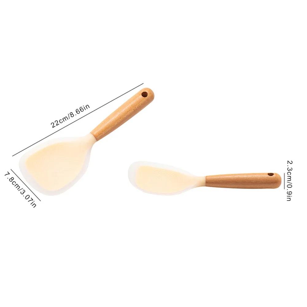 1Pcs Silicone Spoon Non-stick Cooking Spoon Wooden Handle Pot Rice High-temperature-resistant Spoon Durable Kitchen Gadgets