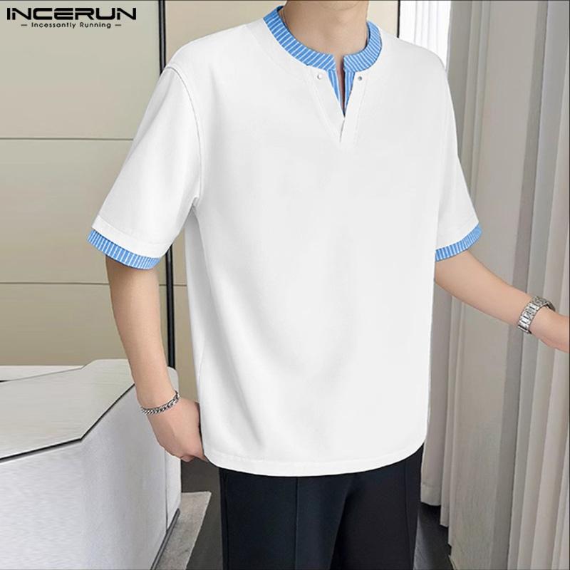 INCERUN Men's Short Sleeve Casual Striped Patchwork Oversized Tops T-shirts