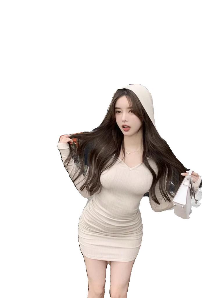 Korean version of the fashion hooded long-sleeved dress for women's autumn new slim-fitting pure desire sexy spice girl versatile hip-wrapped short dr