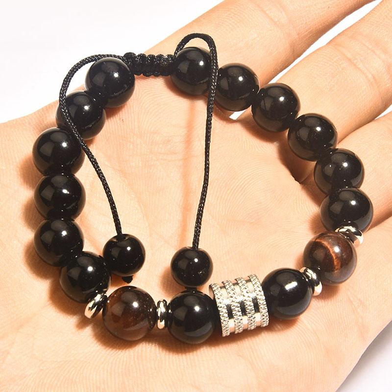10MM Tiger Eye Stone Beaded Bracelets Hand Chains  Adjustable Black Obsidian Beads Stainless Steel Charm Bracelet for Men
