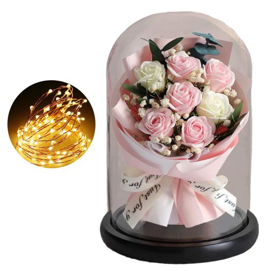 Artificial Rose Bouquet with LED Light Glass Dome Cover Eternal Flower Decoration Women Wife Girlfriend Anniversary Valentine's Day Mother's Day Gift