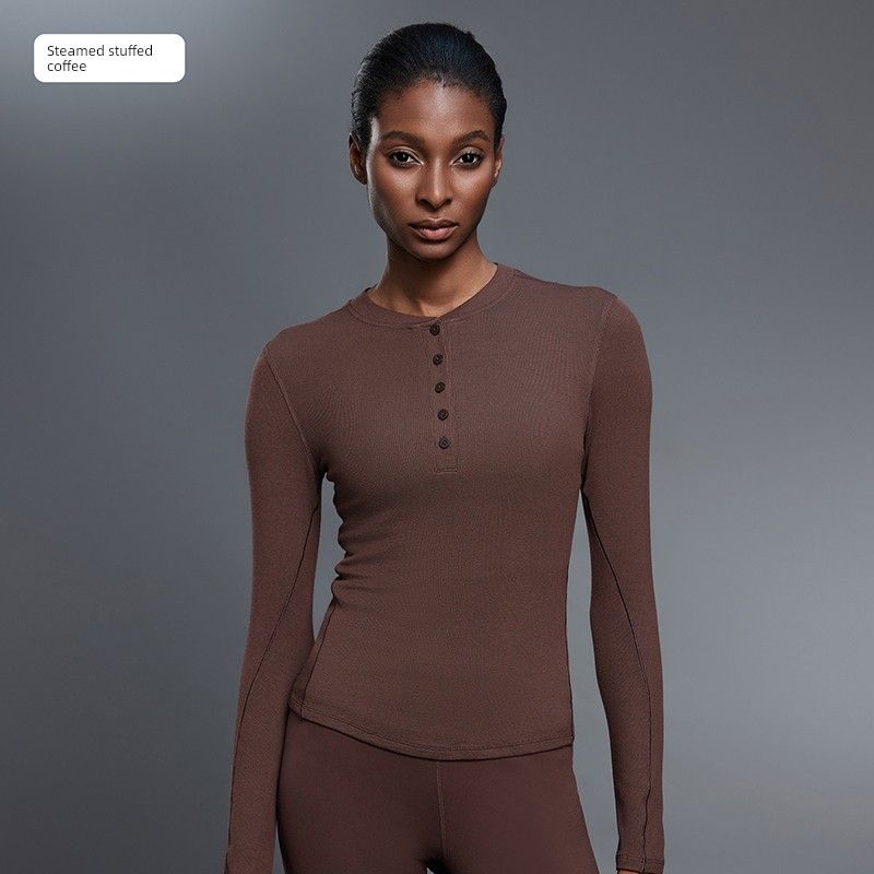 

Original Modal Henley Collar T-Shirt Women s Long-Sleeved Yoga Clothes Slim Fit Running Pilates Sports Workout Clothes Spring & Fall Espresso XL/12