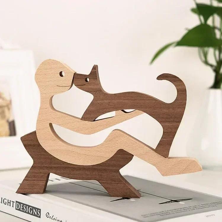 Cute Family Puppy Wood Dog Craft Ornament Figurine Natural Gift for Home Decoration Accessories Handmade Sculptures Decor