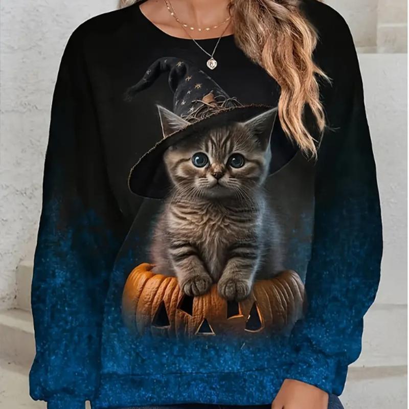Tops For Women 3D Pumpkin Cat Print Round Neck Long Sleeve T-shirt Fall Casual Slim Pullover Women's Long Sleeve Top