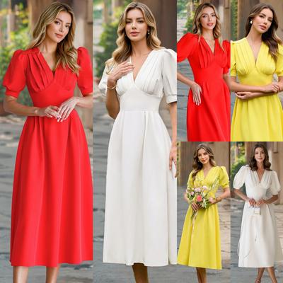 Summer Vintage Solid Color V-neck Lantern Sleeve Fitted Dress